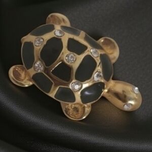 Gold Tone Turtle Brooch Black Enamel Rhinestones